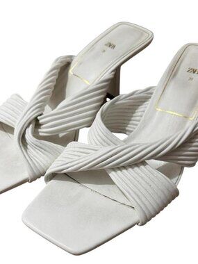 Zara Women’s White Cream Pleated Criss Cross 2" Heel Summer Sandals 8.5